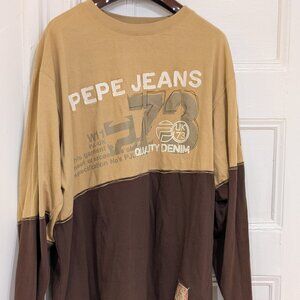 Pepe Jeans Long Sleeves Two Tone Tan Brown Graphic Shirt Size XL
